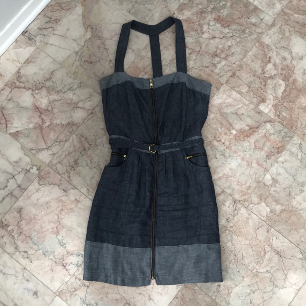 Chambray T-Strap Back Dress with Braided Belt